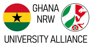 Logo, links Flagge Ghanas und rechts Flagge NRWs. Text: Ghana-NRW-University Alliance.