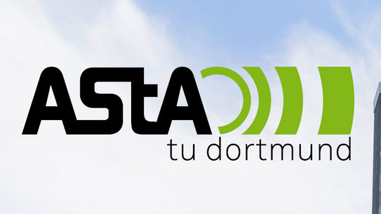 Mathetower der Technischen Universität Dortmund mit Logo des AStA tu dortmund links