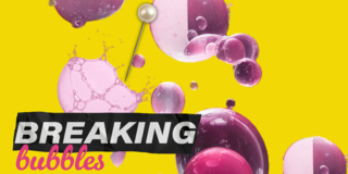Vor dem gelben Hintergrund des Bildes schweben Seifenblasen, eine von ihnen wird von einer Stecknadel gestochen. Darauf ist der Titel „Breaking Bubbles“ zu sehen.
