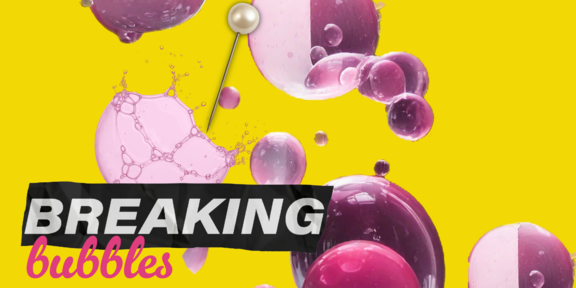 Vor dem gelben Hintergrund des Bildes schweben Seifenblasen, eine von ihnen wird von einer Stecknadel gestochen. Darauf ist der Titel „Breaking Bubbles“ zu sehen.