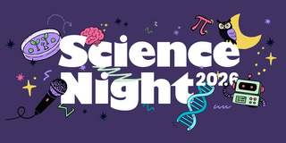 Bunte Illustration mit der Aufschrift „Science Night 2026“, umgeben von Motiven wie Mikroskop, Gehirn, DNA-Strang, Roboter und Eule.