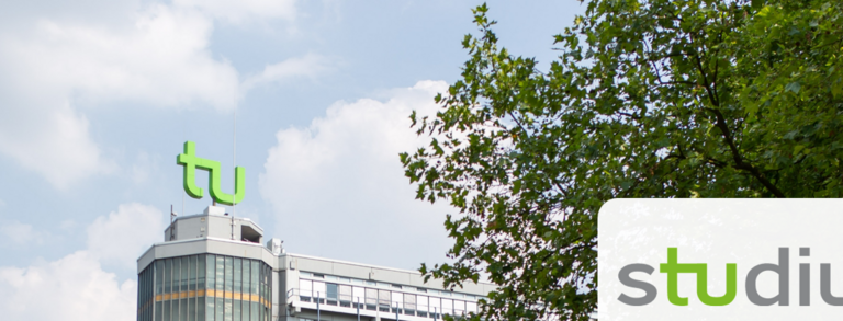 Photo of the Maths Tower with the TU logo on the roof and the studium⁺ logo in the bottom-right corner
