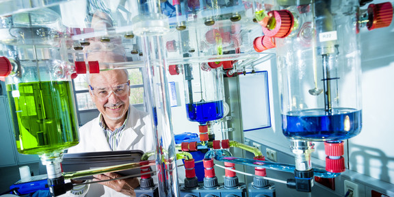 A man looks between colorful glass apparatuses