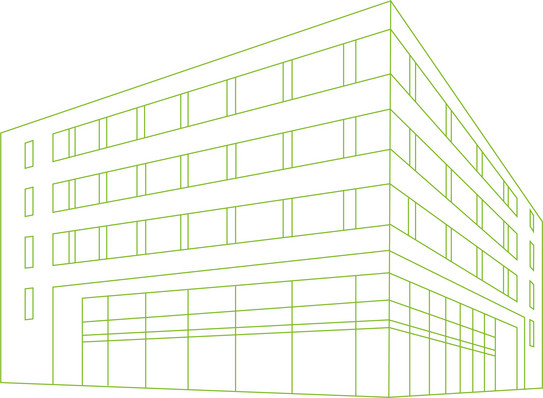 Zeichnung ITMC A green drawing showing the outline and contours of a university building on a white background.