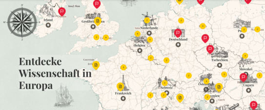 Science Guide Landkarte von Teilen Europas mit Markierungen durch rote Fahnen und gelben Zahlen.