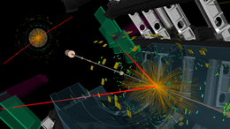 Das Bild zeigt die Simulation einer Teilchenkollision im ATLAS-Experiment.