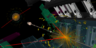 The image shows the simulation of a particle collision in the ATLAS experiment.