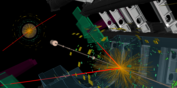 The image shows the simulation of a particle collision in the ATLAS experiment.