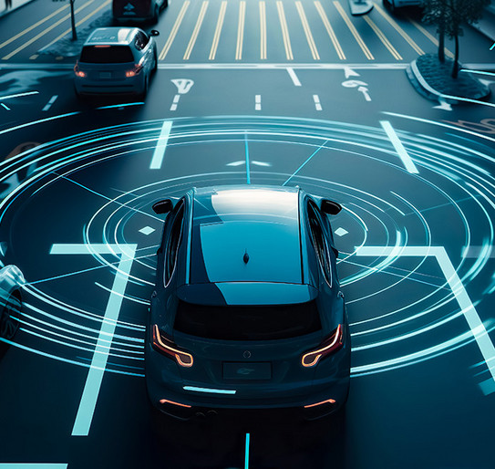 Several cars and some pedestrians in a futuristic looking street traffic situation. Circles on the road indicate the sensor technology of an intelligent driving car.