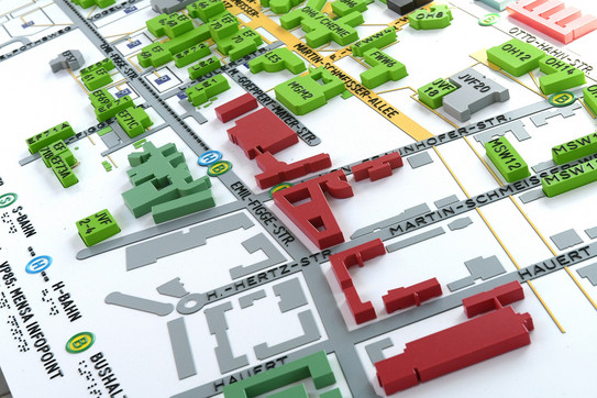 Zu sehen ist ein Ausschnitt eines 3D-Campusplans, der verschiedene Gebäude und Straßen auf dem Campus der TU Dortmund zeigt