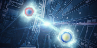 The picture shows a technical structure. In the foreground is the artistic visualization of the top quark entanglement. This is represented by two circular poles connected by an energetic beam of light.