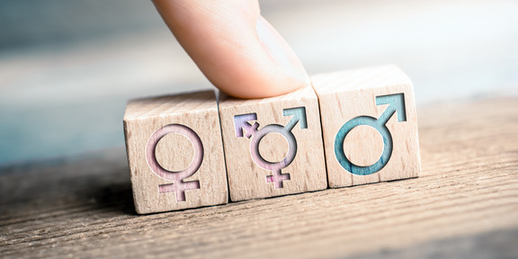 Female, transgender and male icons are shown on 3 cubes, one finger points to the LGBT sign.