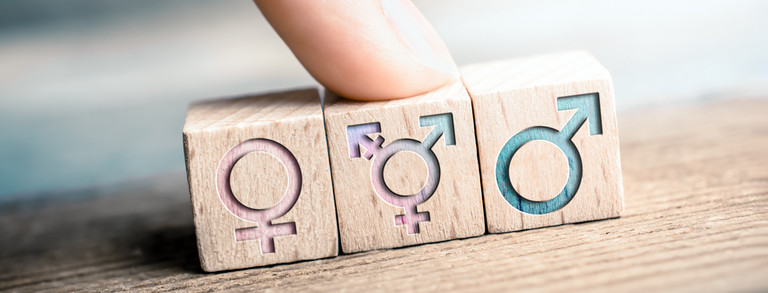 Weibliche, transgender und männliche Icons sind auf 3 Würfeln abgebildet, ein Finger zeigt auf das LGBT-Zeichen.