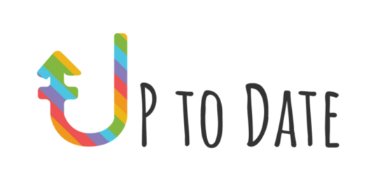 Logo von UptoDate mit einem bunten, stilisierten Pfeil und dem Schriftzug 'Up to Date' in schwarzer Schrift.