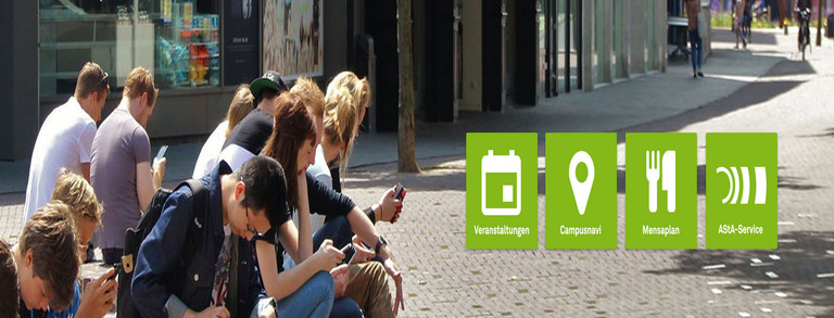 Students on campus are looking at their smartphones. Icons of the TU App are shown on the right side of the picture.