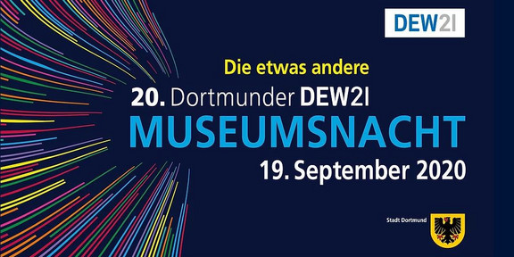 Logo der 20. Dortmunder Museumsnacht auf blauem Hintergrund mit bunten Streifen