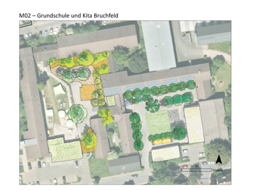 Vogelperspektive auf ein Gebäude und Grünflächen.