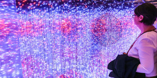 Eine Frau steht vor einer Installation aus Draht-Kugeln und blauen und pinken Lichterketten