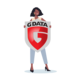 Die Illustration zeigt eine Frau, die ein großes Schild mit dem Logo der "GDATA" vor sich hält.