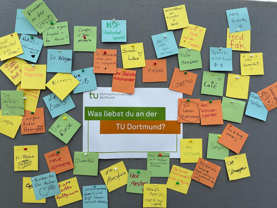 Eine Pinnwand in deren Zentrum sich die Fragestellung "Was liebst du an der TU Dortmund?" befindet. Darum herum haben Studierende viele verschiedene bunte Zettel mit ihren Antworten aufgehangen. 