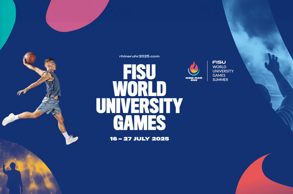 Graphic with dark blue background, featuring the World University Games logo and lettering, with a basketball player in mid-air on the left and a hand raised at a concert on the right.