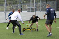 Mehrere Personen spielen Spike Ball auf einer Rasenfläche.