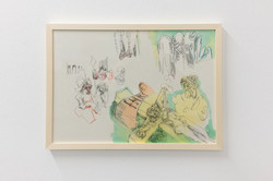 Ausstellung Goldenes Wunder Ein Bild/Kunstwerk mit Kirchenmotiven hängt an einer weißen Wand.