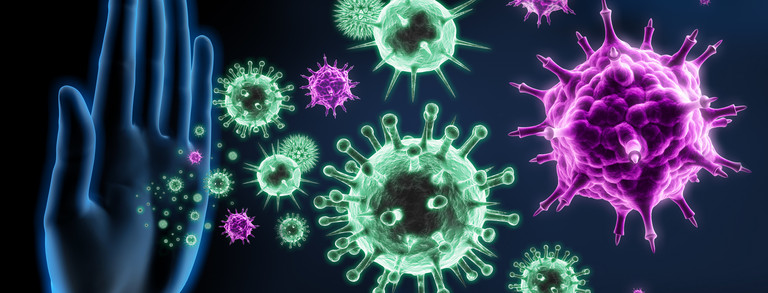 Virus Grafik von türkisen und violetten Viren vor schwarzem Hintergrund, die von einem hellblauen Umriss einer Hand in der linken Bildhälfte abgewehrt werden.