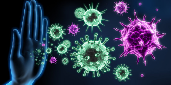 Graphic of turquoise and violet viruses against black background warded off by light blue outline of a hand in the left half of the image.