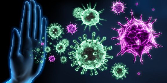 Virus Grafik von türkisen und violetten Viren vor schwarzem Hintergrund, die von einem hellblauen Umriss einer Hand in der linken Bildhälfte abgewehrt werden.