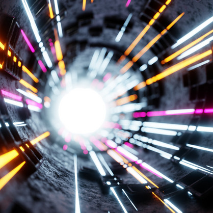 Teilchen, Elektronen, Photonen in einem Beschleuniger, Hadron Collider oder Synchrophasotron, konzeptionelle Science-Fiction-Illustration, KI