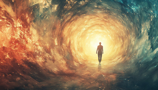 Das Bild ist illustriert und zeigt eine Person, die durch das Universum geht.