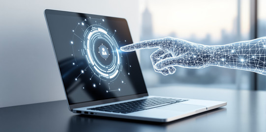 Foto: Ein Laptop steht auf einer Oberfläche. Eine animierte, künstliche Hand die aus einem leuchtenden Netzwerk aus Datenpunkten und Verknüpfungen besteht, zeigt mit dem Finger ausf den Bildschirm.