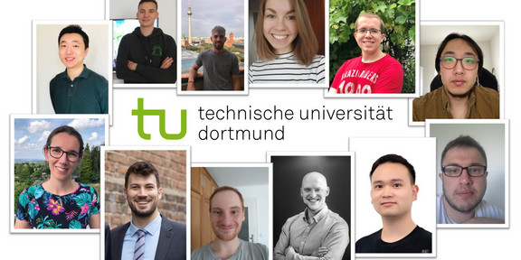 Collage Data Mining Cup Zwölf Portraits der Teilnehmer am Data Mining Cup sind aufgereiht um das Logo der TU Dortmund.