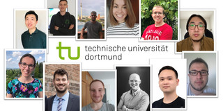 Collage Data Mining Cup Zwölf Portraits der Teilnehmer am Data Mining Cup sind aufgereiht um das Logo der TU Dortmund.