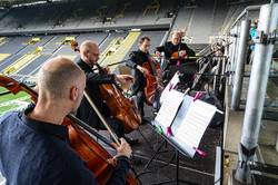 Four men play string instruments in front of a stand filled with first-year students.