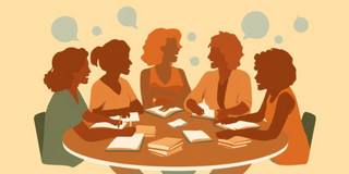 Foto: Animiertes Bild mit fünf Frauen, die an einem Tisch sitzen und miteinander sprechen. Auf dem Tisch liegen Bücher und die Frauen sind von Sprechblasen umgeben.