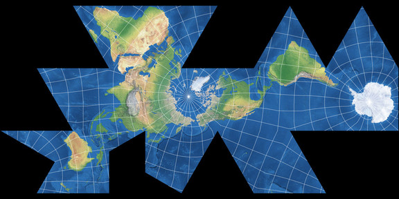 Weltkarte in der Dymaxion-Projektion, mit einem netzartigen Gitter und unregelmäßig angeordneten Dreiecken.
