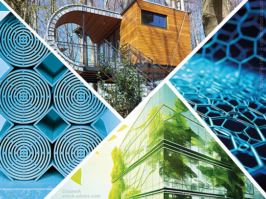 Collage of photos of a tree house, an overgrown visionary façade and two motifs with material structures in shades of blue