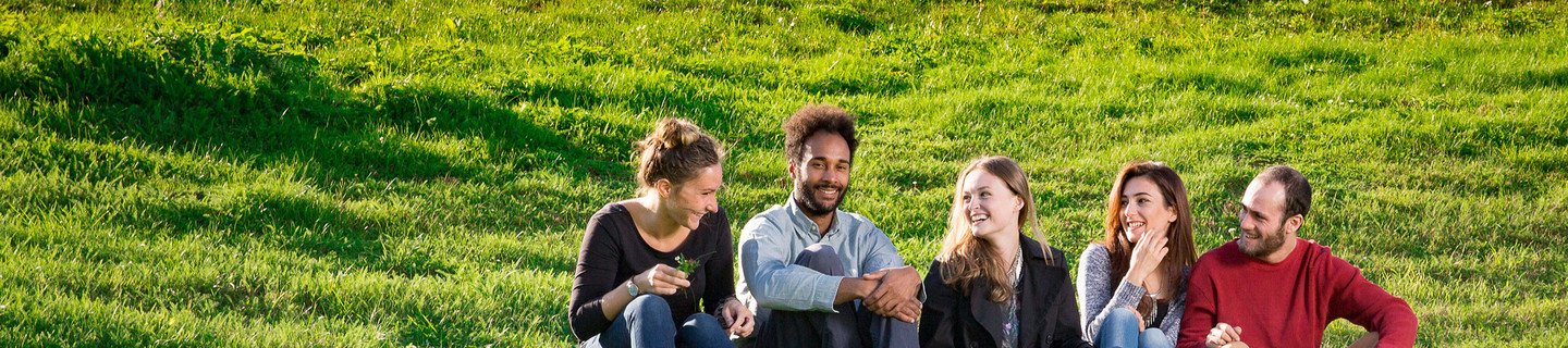 Five students sitting on the grass, talking and laughing