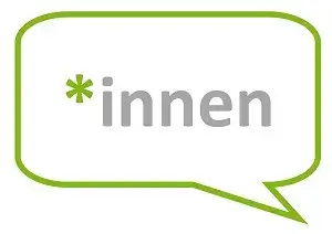Sprechblase mit grünem Rand und dem Text '*innen' in grauer Schrift