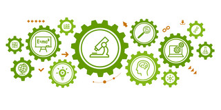 Illustration with cogwheels of different sizes containing smaller icons on the topic of research.