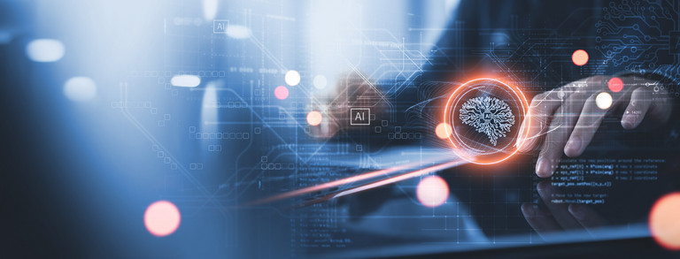 Futuristic graphics with AI elements, in the background hands typing on a keyboard