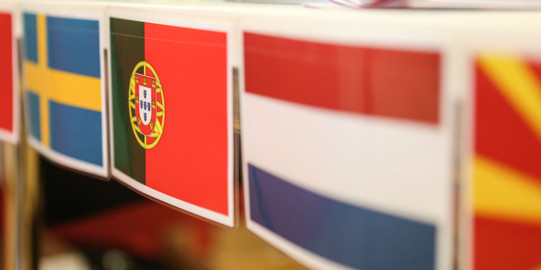 International Day Three small flags next to each other sticking to a shelf.