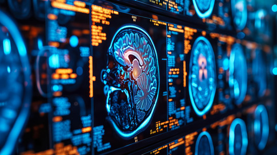 Detaillierte Aufnahmen eines Gehirns mit diagnostischen Daten.