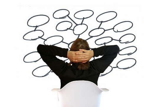 Strukturierung durch Mind Map Eine Person sitzt auf einem Stuhl, über ihrem Kopf ist die Rohversion einer Mind Map zu sehen.