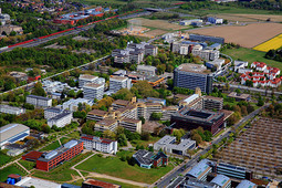Luftbild vom Gelände der TU Dortmund - Campus Nord mit dem Technologiepark, dem Mathetower, der mensa, der Bibliothek und weiteren Gebäuden