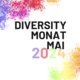 In schwarzer Schrift steht Diversity Monat Mai auf weißem Hintergrund mit einer bunten 2024 darunter und bunte Farben in zwei gegenüberliegenden Ecken