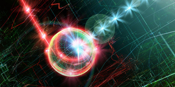 Quantenkommunikation Auf einem schwarzen Hintergrund sind viele farbige Linien zu sehen, die in verschiedene Richtungen laufen. In der Mitte des Bildes treffen bei einer kreisförmigen Formation von Lichtstrahlen ein dickerer roter Strahl und ein dickerer blauer Strahl zusammen.