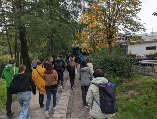 Eine Gruppe von Student*innen laufen auf dem Campus